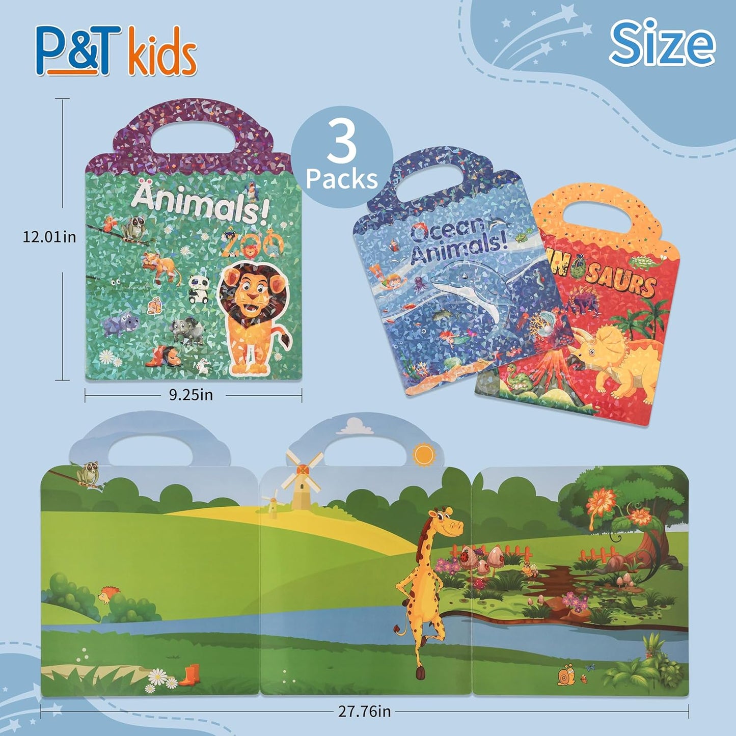 3 Pack Reusable Sticker Book | Sticker Books for Toddlers 2–4 Years with 90+ Stickers Total | Stickers for Kids | Animal, Dinosaur & Ocean Themes | Travel Activity & Learning Toy