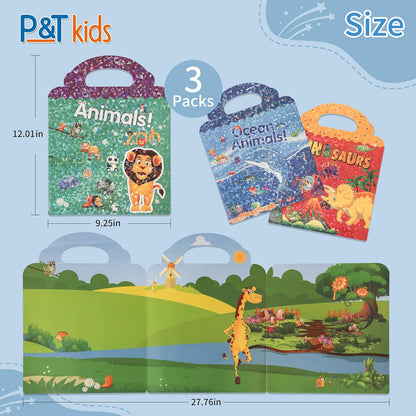 3 Pack Reusable Sticker Book | Sticker Books for Toddlers 2–4 Years with 90+ Stickers Total | Stickers for Kids | Animal, Dinosaur & Ocean Themes | Travel Activity & Learning Toy
