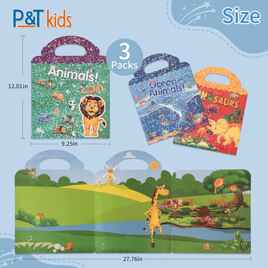 3 Pack Reusable Sticker Book | Sticker Books for Toddlers 2–4 Years with 90+ Stickers Total | Stickers for Kids | Animal, Dinosaur & Ocean Themes | Travel Activity & Learning Toy