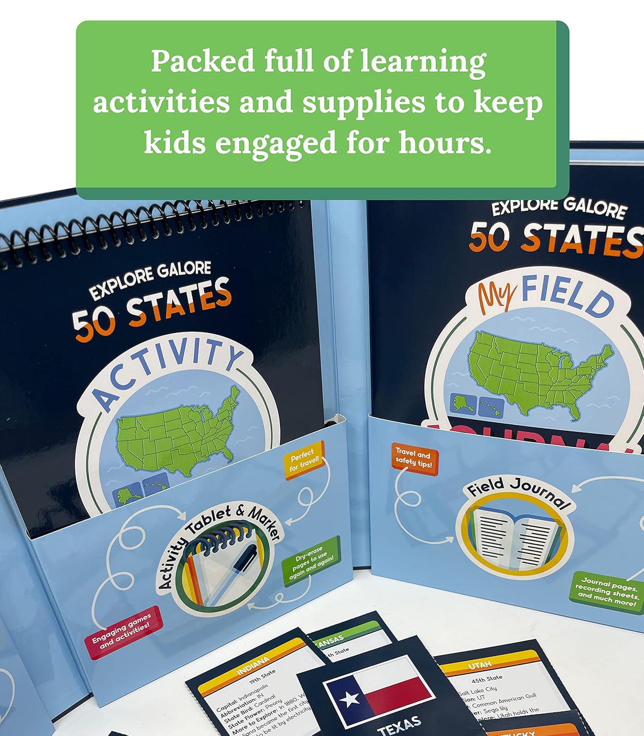 Carson Dellosa Explore Galore: 50 States Wipe Clean Activity Book, Dry Erase Workbook With Kids Travel Activities, Puzzles, I Spy Games, US Map, Stickers, Flash Cards, and Field Journal, Ages 7 and Up