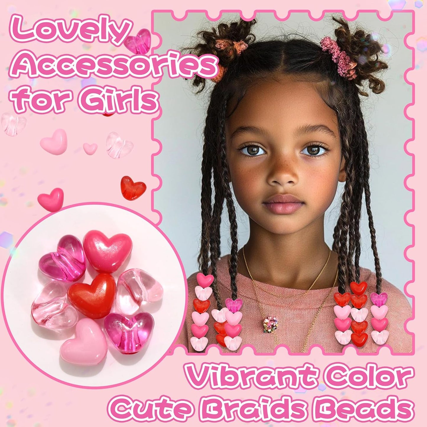 90PCS Heart Hair Beads for Braids Blue Pink Loc Dreadlock Valentine's Day Bead Accessories Purple Cute Acrylic Heart Shape Beads for Kids Girls