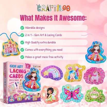 CRAFTILOO Lacing Cards for Kids Ages 3-5 - 8 Princess Sewing Cards with Gem Stickers, Toddler Lacing Toy, Fine Motor Preschool Threading Activity for Ages 4-8