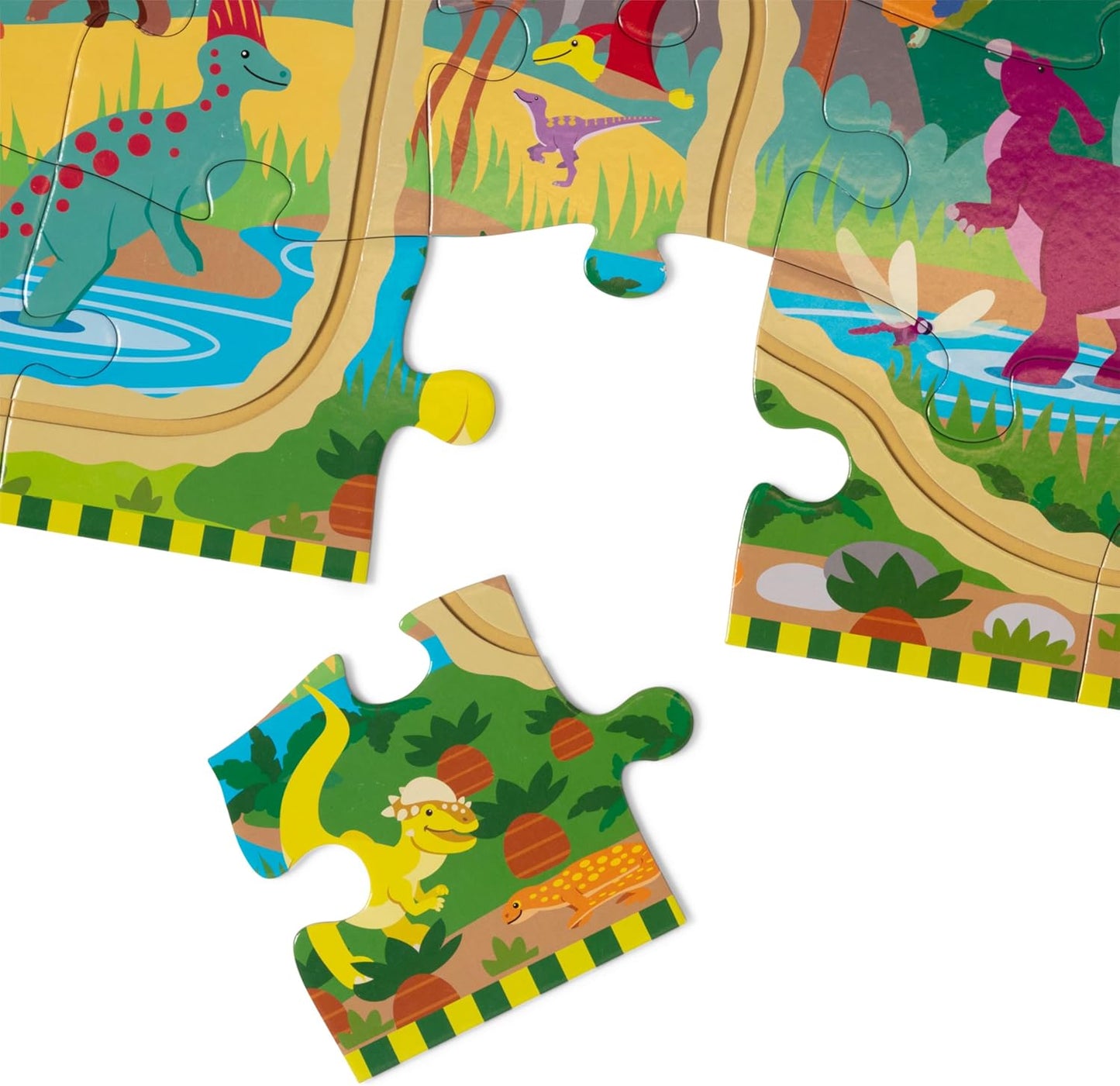 Melissa & Doug Dinosaur Adventure Tracks Cardboard Jigsaw Floor Puzzle and 2 Wind-Up Dinos – 48 Pieces, for Boys and Girls 3+
