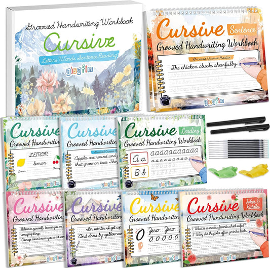 gisgfim 8 Pack Grooved Cursive Handwriting Workbook Learning Grooved Cursive Reusable Handwriting Practice kit with Disappearing Ink Pens Magic Copybooks Set for Kids Beginners Kickoff Student