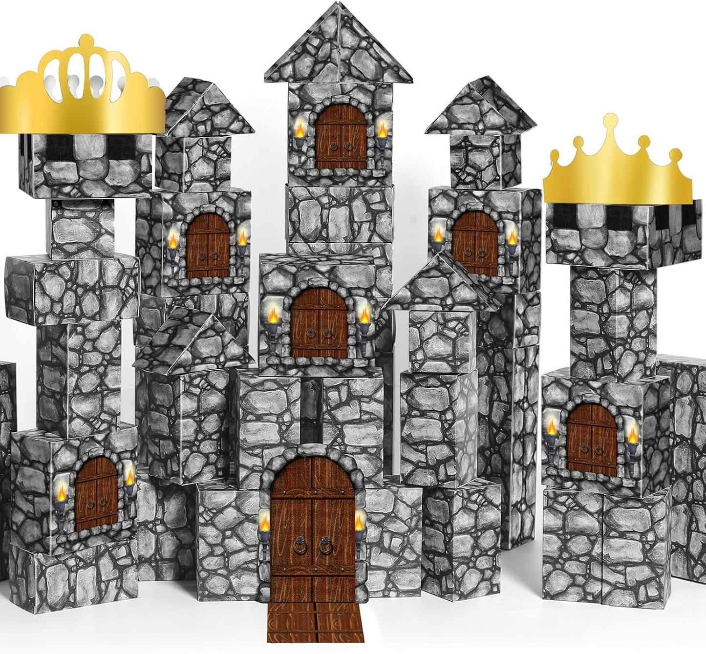 MotiMind 47 Pcs Jumbo Cardboard Castle Building Blocks New Year Gift DIY Building Blocks Large Stone Box Collapsible Reusable Jumbo Crown for Castle House Birthday Indoor Outdoor Party (Black)
