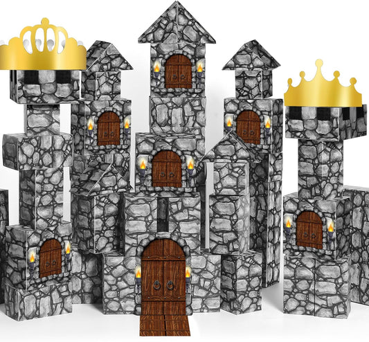 MotiMind 47 Pcs Jumbo Cardboard Castle Building Blocks New Year Gift DIY Building Blocks Large Stone Box Collapsible Reusable Jumbo Crown for Castle House Birthday Indoor Outdoor Party (Black)