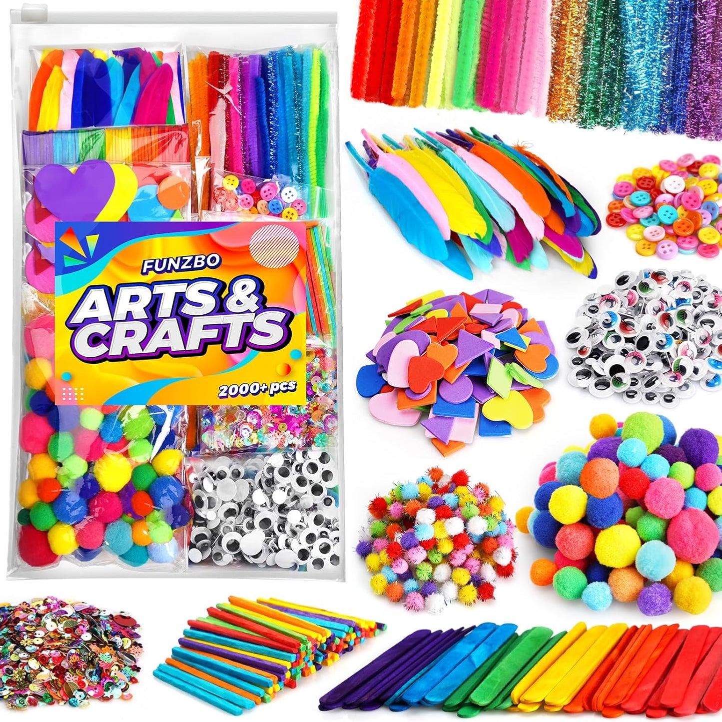FUNZBO 2000Pcs+ Arts & Crafts Supplies Kits for Kids, DIY Craft Supplies for Toddlers Art Supply Tools Set Pipe Cleaners, Pom Poms and Feather, Birthday Gifts for Kid Girls Ages 4-8-12