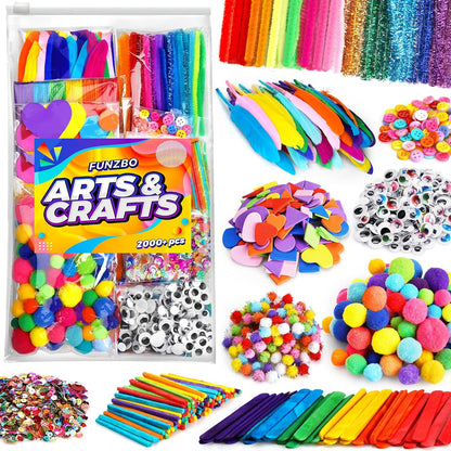 FUNZBO 2000Pcs+ Arts & Crafts Supplies Kits for Kids, DIY Craft Supplies for Toddlers Art Supply Tools Set Pipe Cleaners, Pom Poms and Feather, Birthday Gifts for Kid Girls Ages 4-8-12