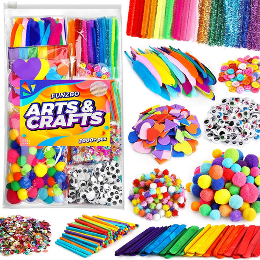 FUNZBO 2000Pcs+ Arts & Crafts Supplies Kits for Kids, DIY Craft Supplies for Toddlers Art Supply Tools Set Pipe Cleaners, Pom Poms and Feather, Birthday Gifts for Kid Girls Ages 4-8-12