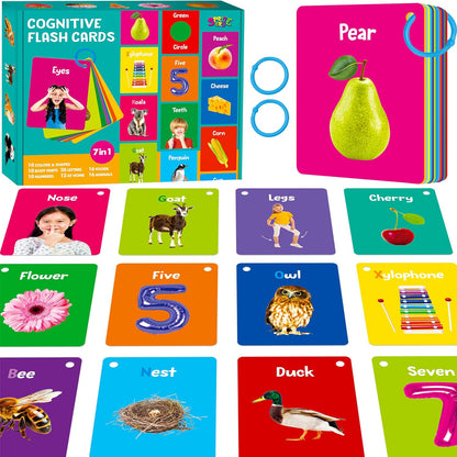 50 PCS Kid First Cognitive Flashcards,Double Sided Printed 7 in 1 Colorful Cards Alphabet,Numbers, Foods,Animals,Shapes,Colors with 3 Reclosable Rings,Learning Tool for Pre-K Kindergarten Toddlers