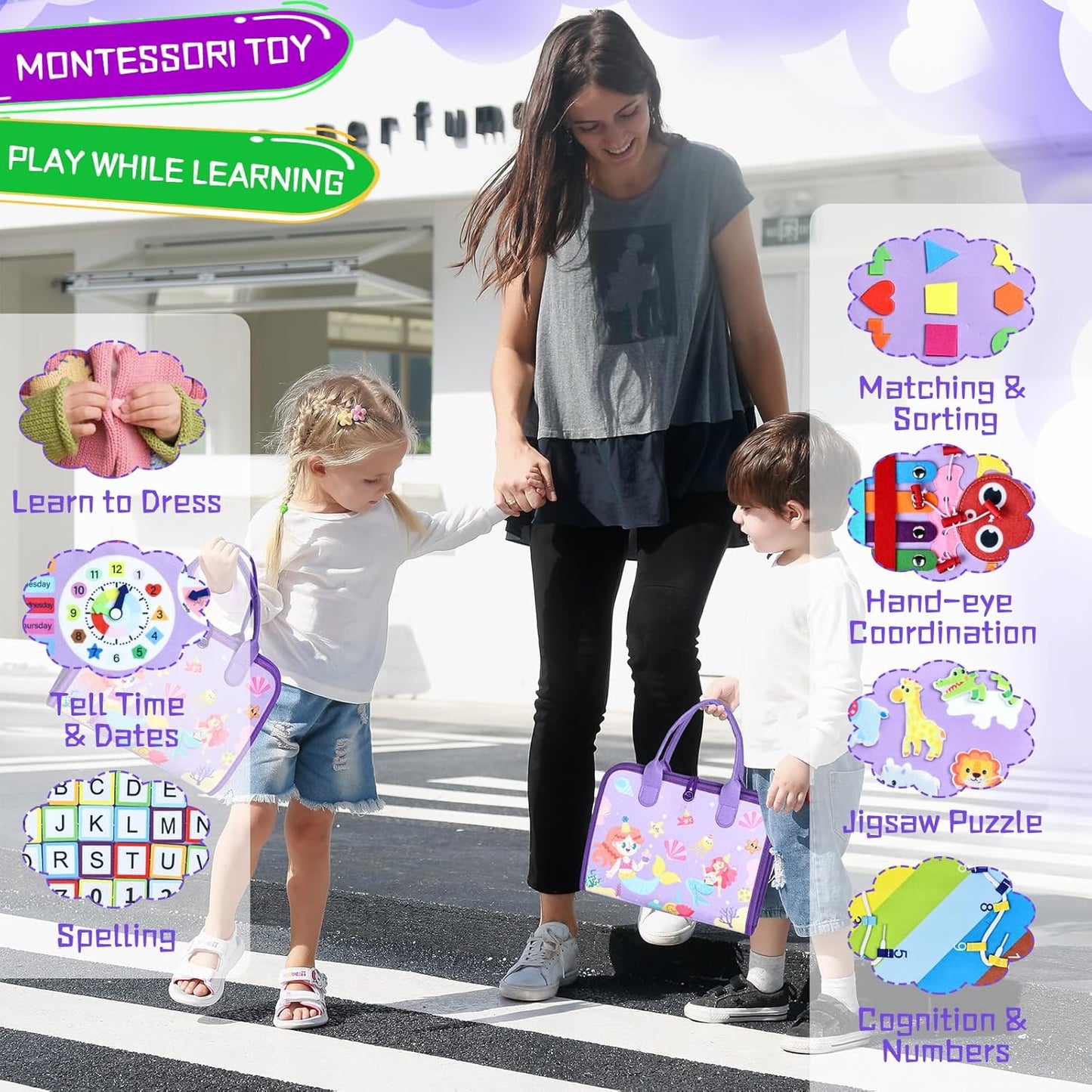 Esjay Toddler Busy Board Montessori Toys for Boys Girls, Sensory Book Educational Activities for Learning Fine Motor Skills, Birthday Gifts for Toddlers, Travel Toys for Airplane Car, White Dinosaur