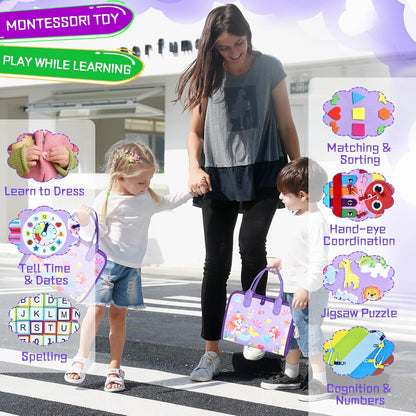 Esjay Toddler Busy Board Montessori Toys for Boys Girls, Sensory Book Educational Activities for Learning Fine Motor Skills, Birthday Gifts for Toddlers, Travel Toys for Airplane Car, White Dinosaur