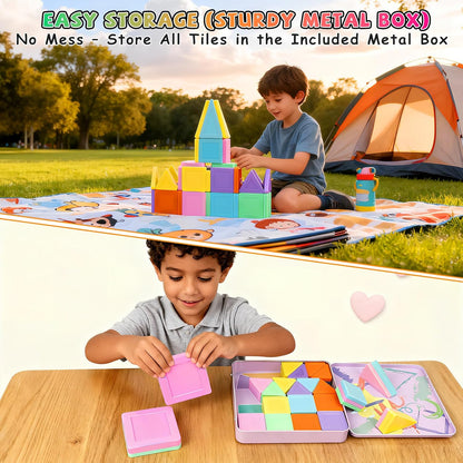 Mini Magnetic Tiles,42PCS Magnetic Building Blocks with Metal Storage Box,STEM Toys for Kids Ages 3+,Sensory Toys for Kids with Autism