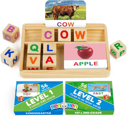 BenBen Spelling Games, 224 Flashcards, 208 Wood Letter Tiles, 1-4 Players, Learning Games for Kids 4-8, Educational Toys for Kindergarten 1st 2nd Grade, Preschool Classroom Must Haves
