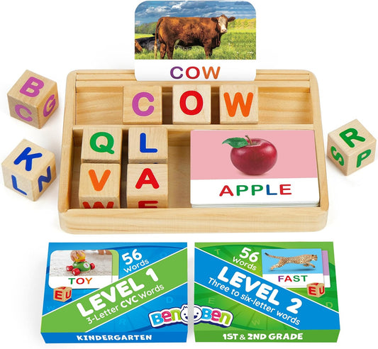 BenBen Spelling Games, 224 Flashcards, 208 Wood Letter Tiles, 1-4 Players, Learning Games for Kids 4-8, Educational Toys for Kindergarten 1st 2nd Grade, Preschool Classroom Must Haves