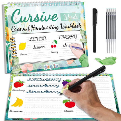 gisgfim Grooved Cursive Handwriting Workbook Magic Reusable Grooved Cursive Handwriting Practice Guided Tracing with Disappearing Ink Pens for Beginners Kids Learning Activities Supplies (Sentence)
