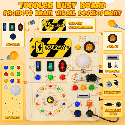 Busy Board with Led Light, Montessori Toys for 1-3 Years Old Boys Girls Wooden Toddler Toys Birthday Gift Educational Toys for 1+ Year Old, Toddler Travel Toy Sensory Toys for Kids with Autism