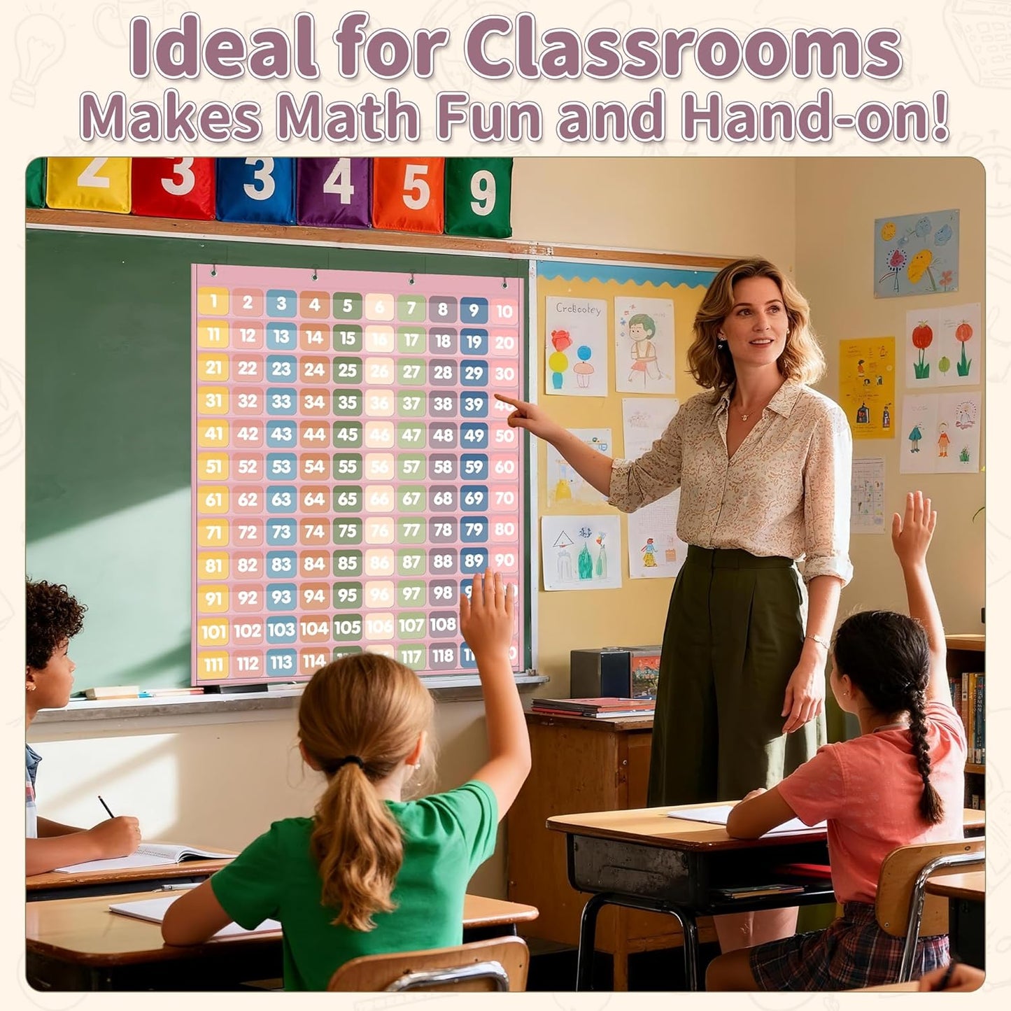 Yoink 100 Pockets Number Chart with 120 Double-Sided Number Cards, Boho Hundred Pocket Chart for Classroom Homeschool Teachers Kids Learning, Pink
