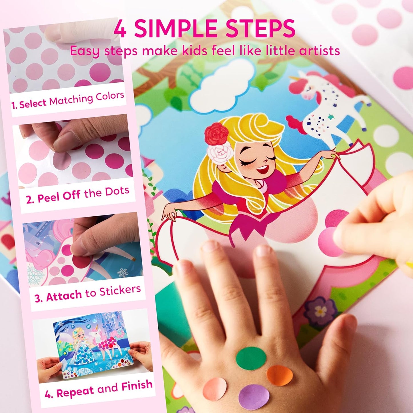Klever Kits Dot Art Kit for Kids, No Mess Sticker for Toddlers 3-7, Craft Kits, DIY Creative Activity, Travel Toy, Birthday Presents for Boys Girls (Unicorns & Princess)