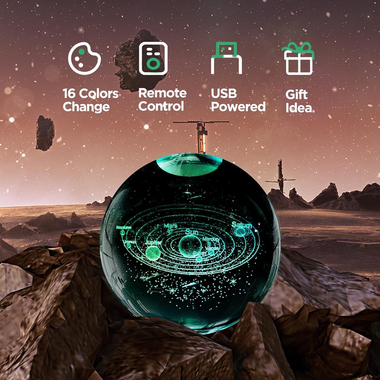 3D Solar System Crystal Ball Night Light with 16 Color Wooden LED Base Upgraded 3.15 In Galaxy Planets Ball Lamp with Remote for Birthday Christmas, Astronomy Space Gifts for Boys Girls Kids