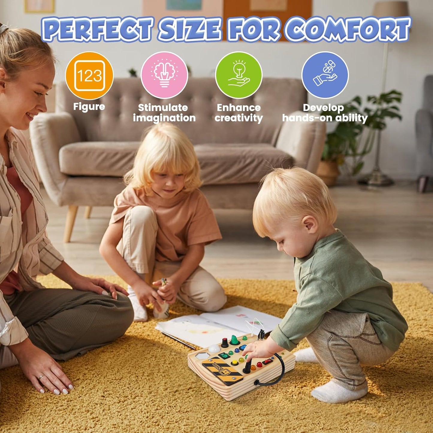 Montessori Busy Board Toys: Wooden Sensory Toy for Toddler with LED Light Up Switch, Educational/Christmas/Birthday Gifts for 1-3 Year Old Boys & Girls