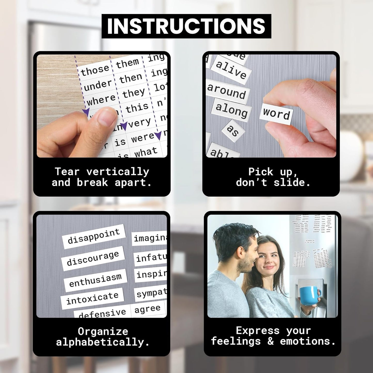 Poetry Tiles – 536 Emotion and Feeling Word Magnets for Refrigerator Stories and Poems – Fun Themed Magnetic Words for Joy, Happiness, and Self Expression for Adults and Kids
