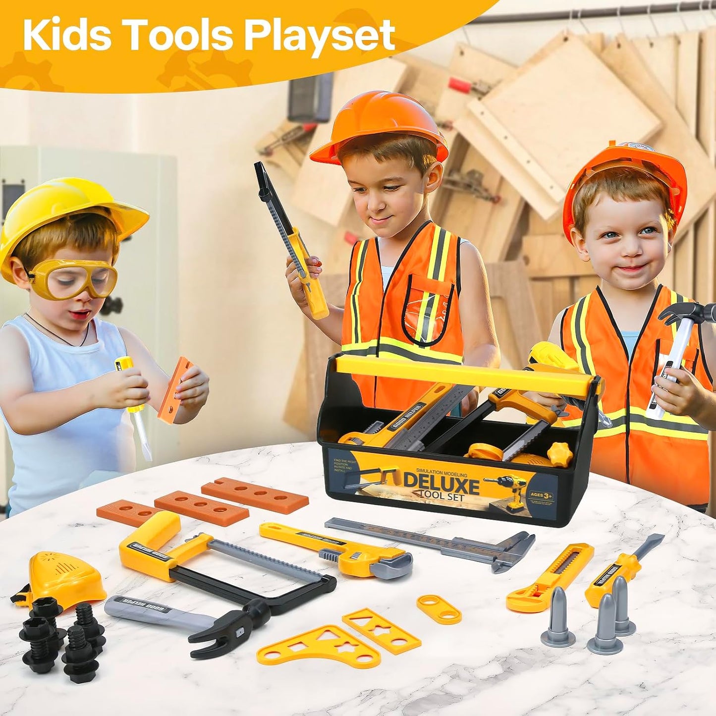 Kids Tool Set – Zealous 48 pcs Toddler Tool Set with Tool Box & Electronic Toy Drill, Pretend Play Kids Toys, Toy Construction Tools for Kids Ages 3,4,5,6,7,8 Years Old (A-Orange)