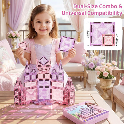Magnetic Tiles Girls Travel Toy: 42 PCS Pink Glitter Building Blocks Castle Tin Box - 120 Mins Quiet Play 60s Cleanup - Toddler Kids Gift Age 3 4 5 6