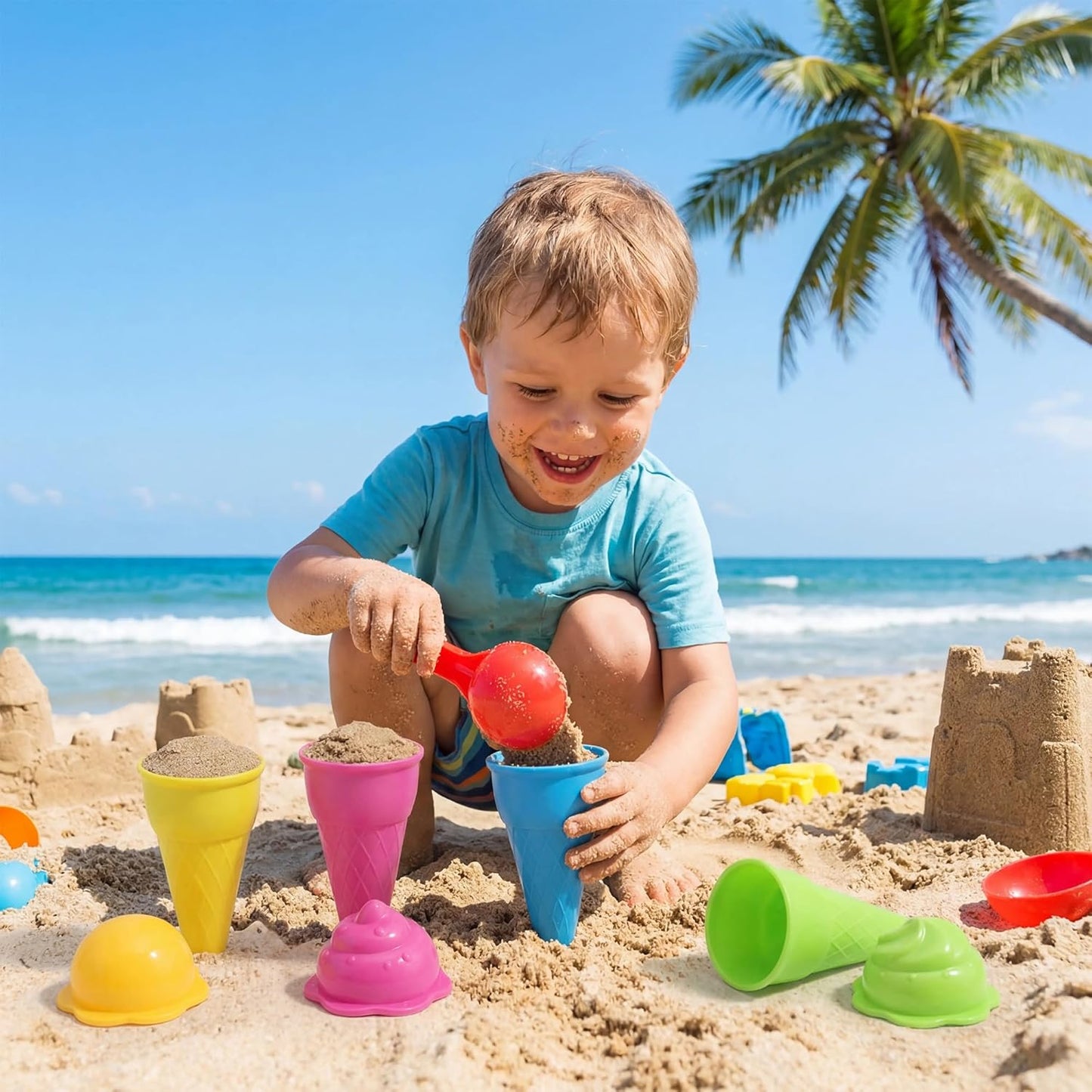 Dough Tools for Kids, 9 Piece Ice Cream Set with 4 Cones, 4 Scoop Molds & Spoon, Modeling Clay Tools, Sand Toys & Sensory Bin Accessories for Toddlers Ages 2-4