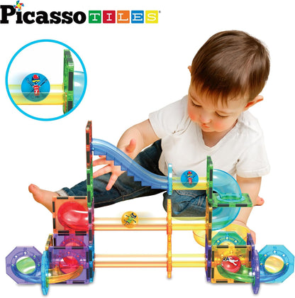 PicassoTiles 70pc Marble Run Magnetic Tiles STEM Set for Kids Ages 3 and Older Magnet Tile Marbles Maze Building Blocks Brain Development Toy Preschool Educational Learning Construction Playset PTG70