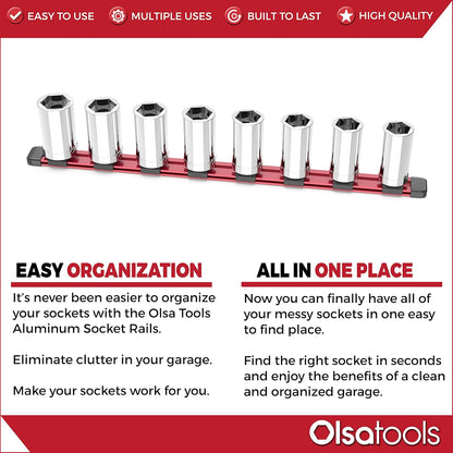 Olsa Tools Aluminum Socket Organizer, 3pc Set - Yellow Socket Holder Kit 1/2-Inch, 3/8-Inch, and 1/4-Inch Drive - Holds 58 Chrome or Impact Sockets - Professional Grade Socket Rails - Part: 1110