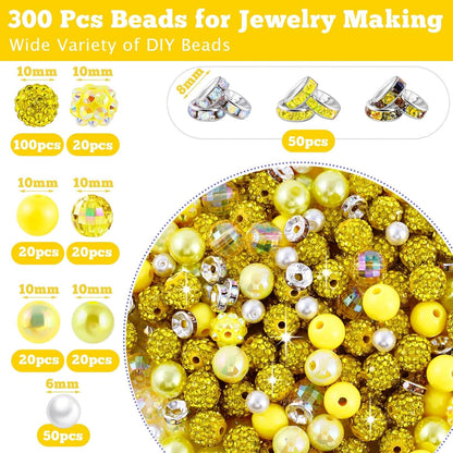 300 Pcs Diamonds Beads for Jewelry Making, Included 10 mm Red Rhinestone Beads for Bracelets, Bubblegum Bead for Pen Making, Pearl and Spacer Bead for Bracelet Necklace Earring Crafting