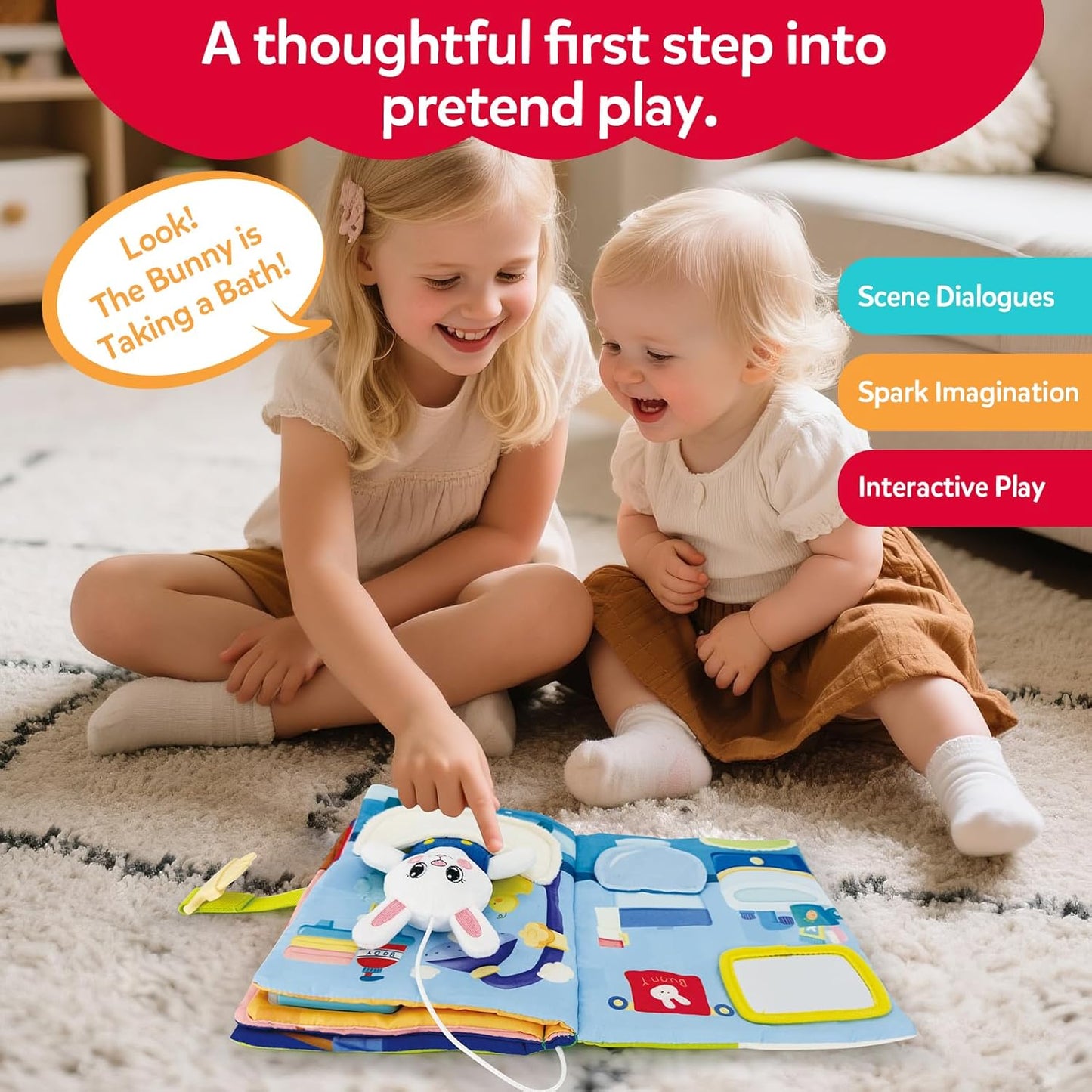 Busy Book for Toddlers 1-3, Montessori Quiet Book with 12 Activities and Attached Bunny, Soft Toddler Busy Board for Fine Motor Skills, Travel Toy Gift for 1+ Year Old Boys Girls