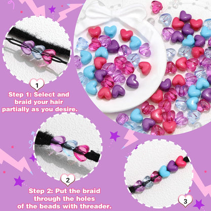 90PCS Heart Hair Beads for Braids Blue Pink Loc Dreadlock Valentine's Day Bead Accessories Purple Cute Acrylic Heart Shape Beads for Kids Girls