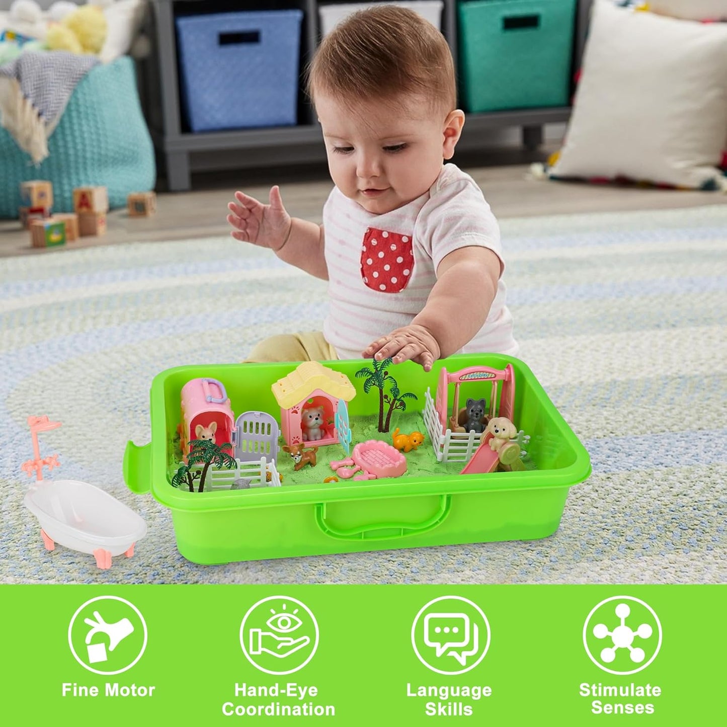 Mathea Pet Sensory Bin Kids Sensory Bins for Toddlers 1-3, Kids Sand Art Kit with Sensory Sand & Sandbox, Pretend Play Toys for Girls Boys Ages 3 4 5 6