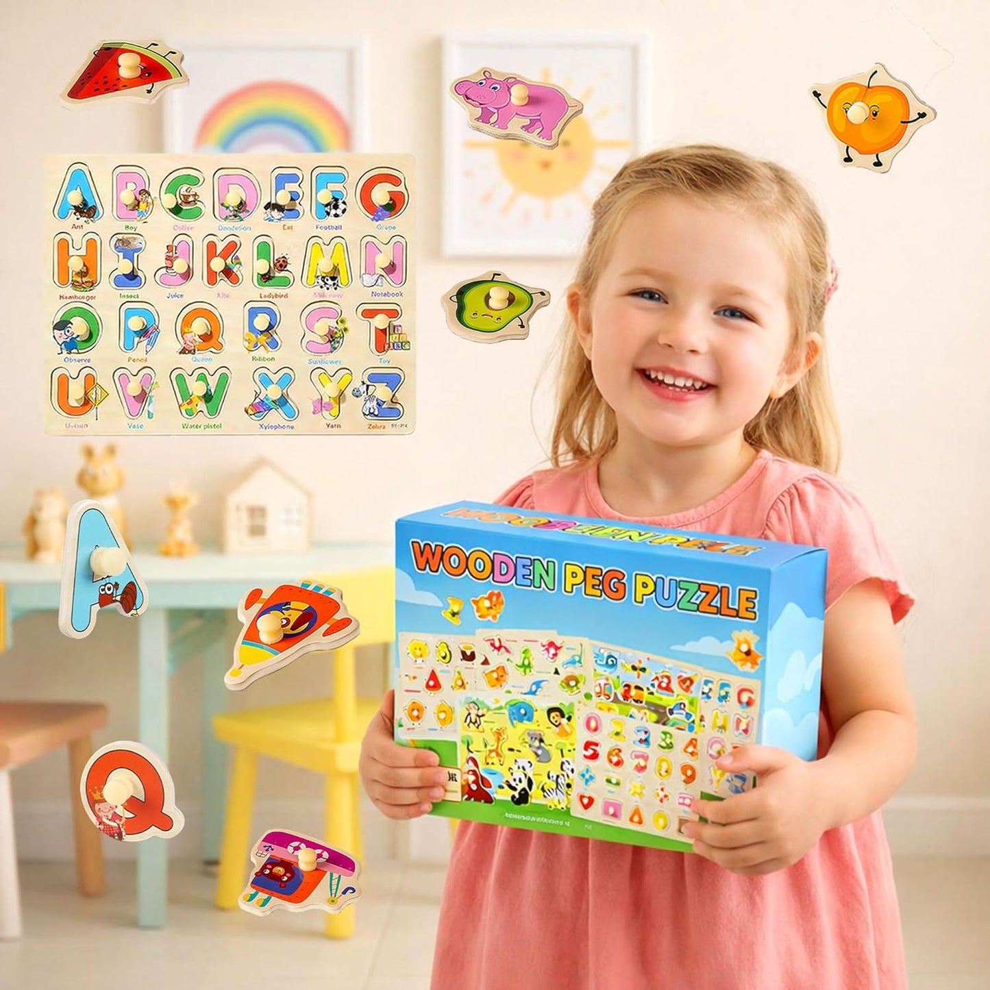 Wooden Peg Puzzles for Toddlers 1-3 – 6 Pack Toddler Puzzles, Preschool Educational Learning Puzzle Toys for Kids, Alphabet, Number, Shapes, Christmas Birthday Gifts for Boys, Girls