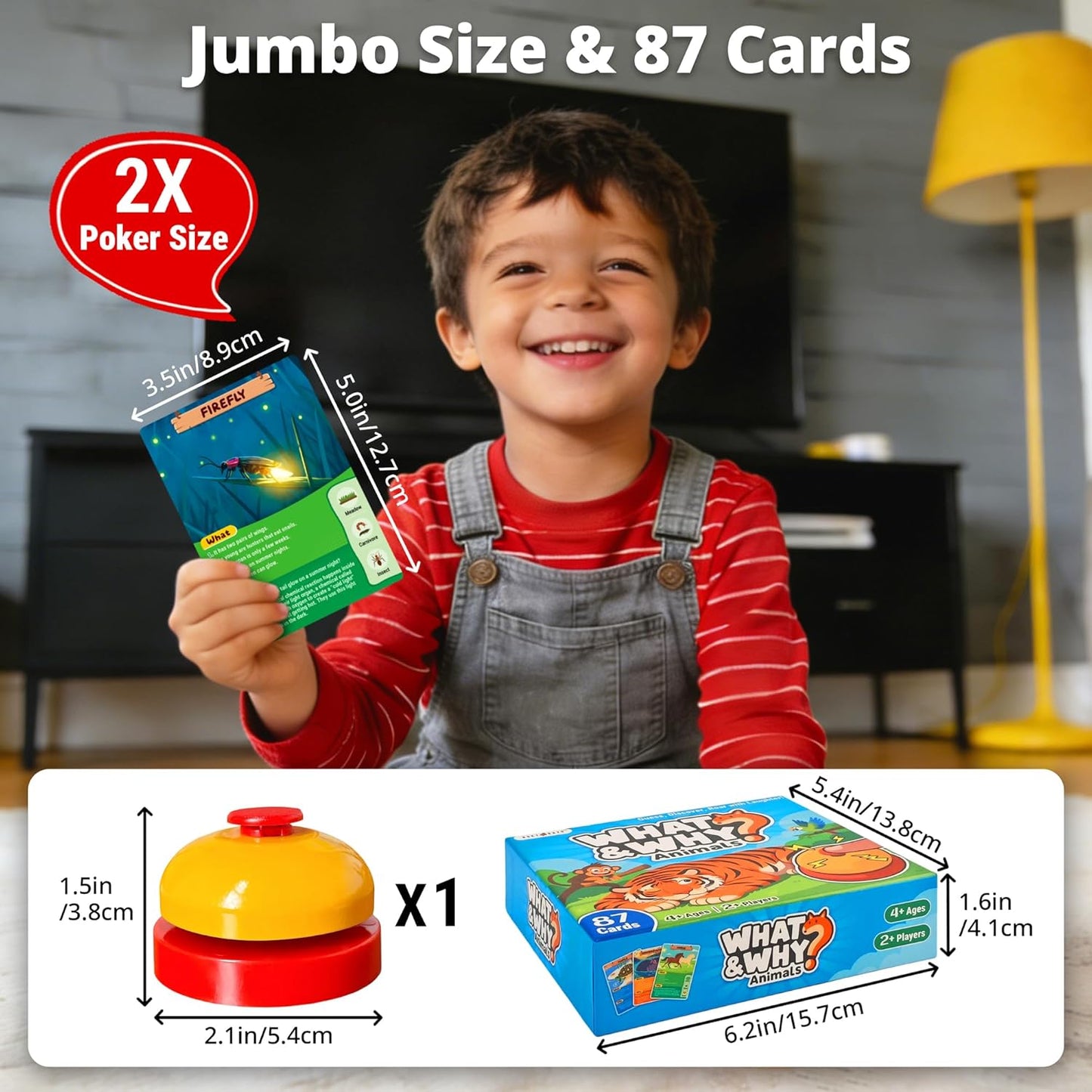 rokt&razo, What&Why? 87 Jumbo Cards with the Bell, Guess the Animal Card Game, Fun Educational Trivia Game for Kids & Family, 3 Difficulty Levels, Stocking Stuffer, for Home, School & Travel, Ages 4+