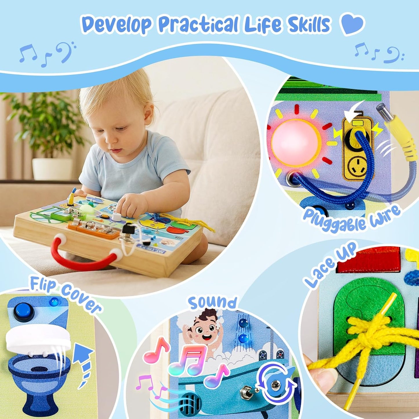 Busy Board Montessori Toys for Toddler 1-3 Year Old, Wooden Sensory Board with LED Light Switches,Bathroom Theme Travel Toys for 1+ Year Old Boy & Girl Birthday Gift