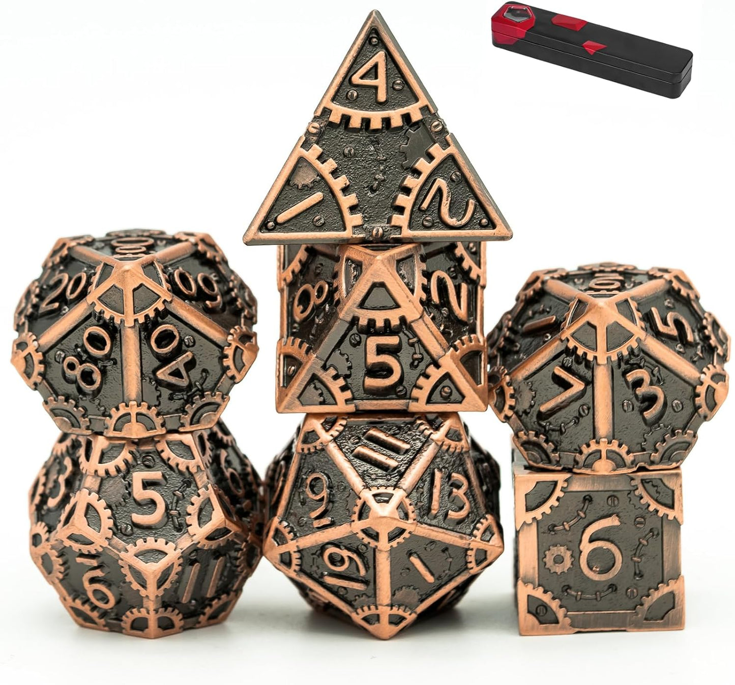 UDIXI Steampunk Metal Dice Set, 7 Die Polyhedral DND Dice Set for D&D Role Playing Game and Math Teaching (Ancient Copper)