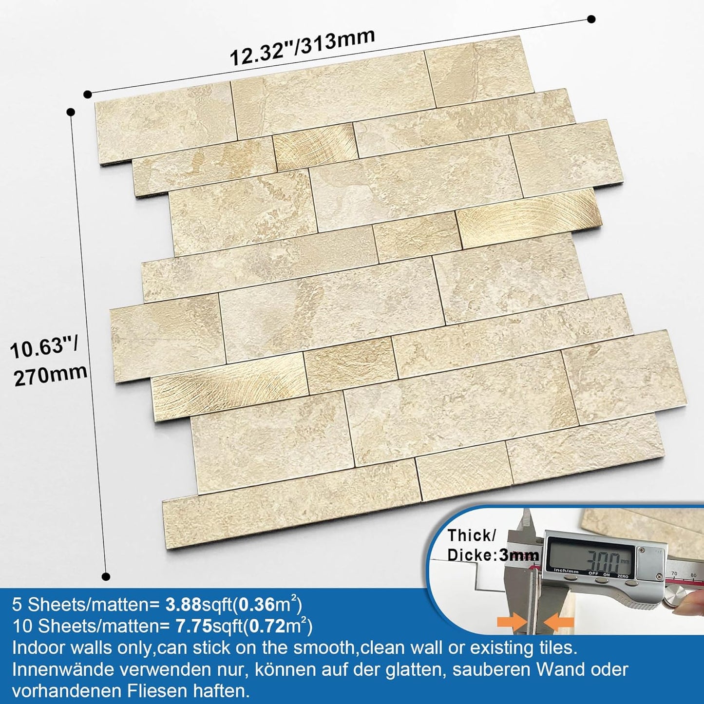 MOFIT Backsplash Tile for Kitchen Peel and Stick Stone Matte Finish,Bathroom Tiles Stickers 3D Wall Panel Linear Mosaic Marble Backsplash Waterproof(5sheets,Blue Green Gray)