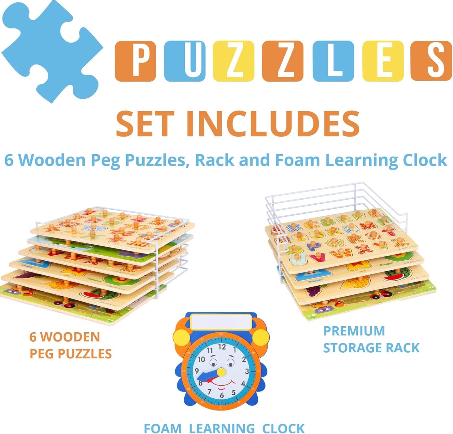 Premium Puzzles for Toddlers and Rack Set - (7 Pack) Includes 1 Learning Clock - 6 Alphabet, Numbers, Shapes, Animals, Cars, Fruits Puzzles