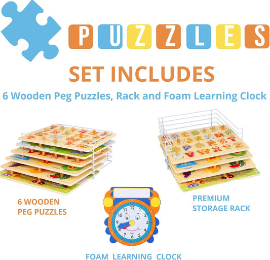Premium Puzzles for Toddlers and Rack Set - (7 Pack) Includes 1 Learning Clock - 6 Alphabet, Numbers, Shapes, Animals, Cars, Fruits Puzzles