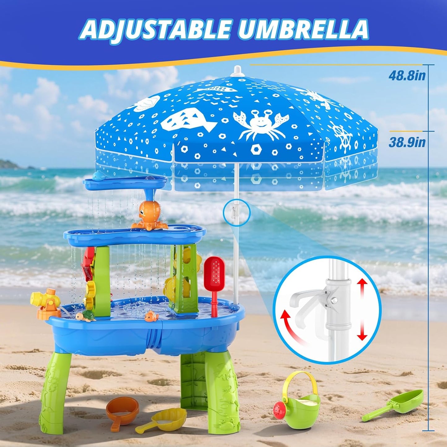 Wee Wonders 3-Tier Water Table for Toddlers, Kids Sand Water Table with Adjustable Umbrella, Sand Toys & Fishing Game, Sensory Table Activity Playset for Outdoor Beach, Summer Toys for Girls Boys 3-5