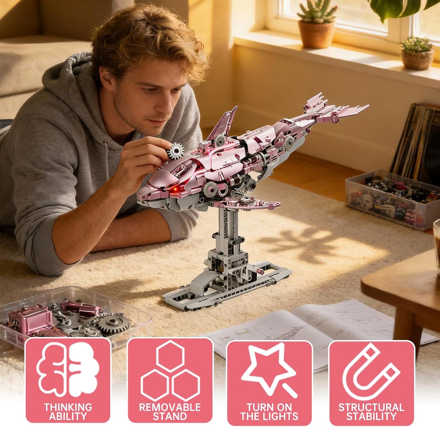 Mechanical Blue Dolphin Building Blocks Set Hand-Operated Motion, Detailed Gear Design, Display & Play Model Futuristic Ocean Animal Model