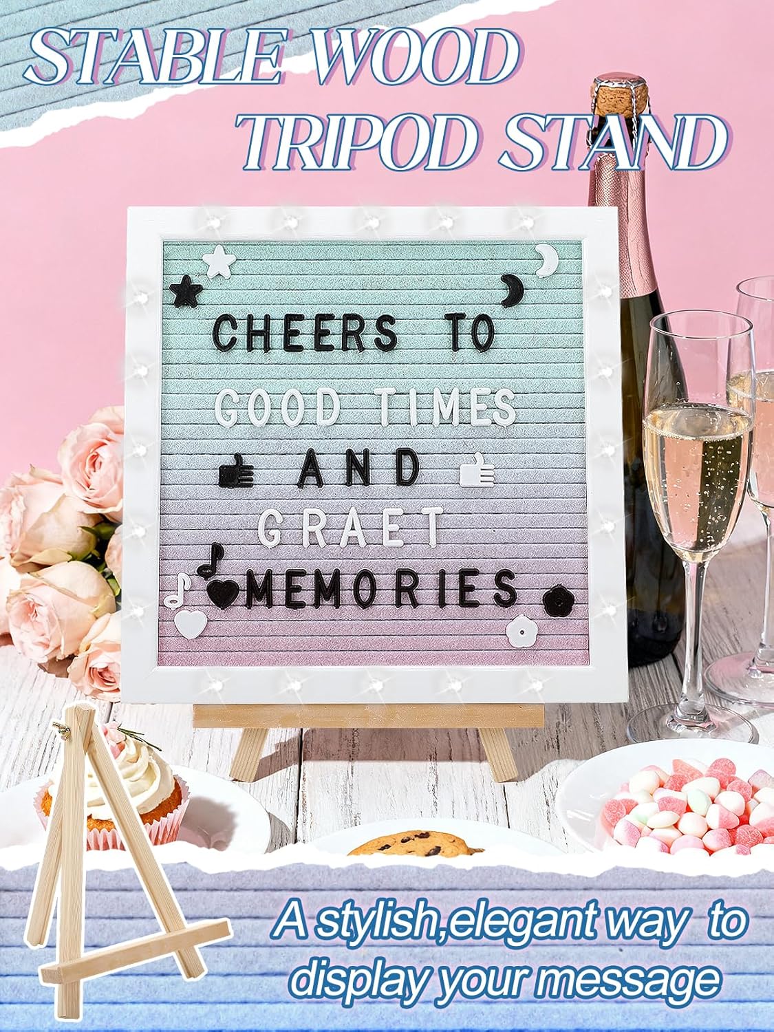 Changeable Felt Letter Board with LED Lights - 10×10" Message Custom Signs & Wood Stand & 450 Letters, Poster Board for Baby/Pregnancy Announcement/Classroom Wall Graduation Decor Gifts, Camel
