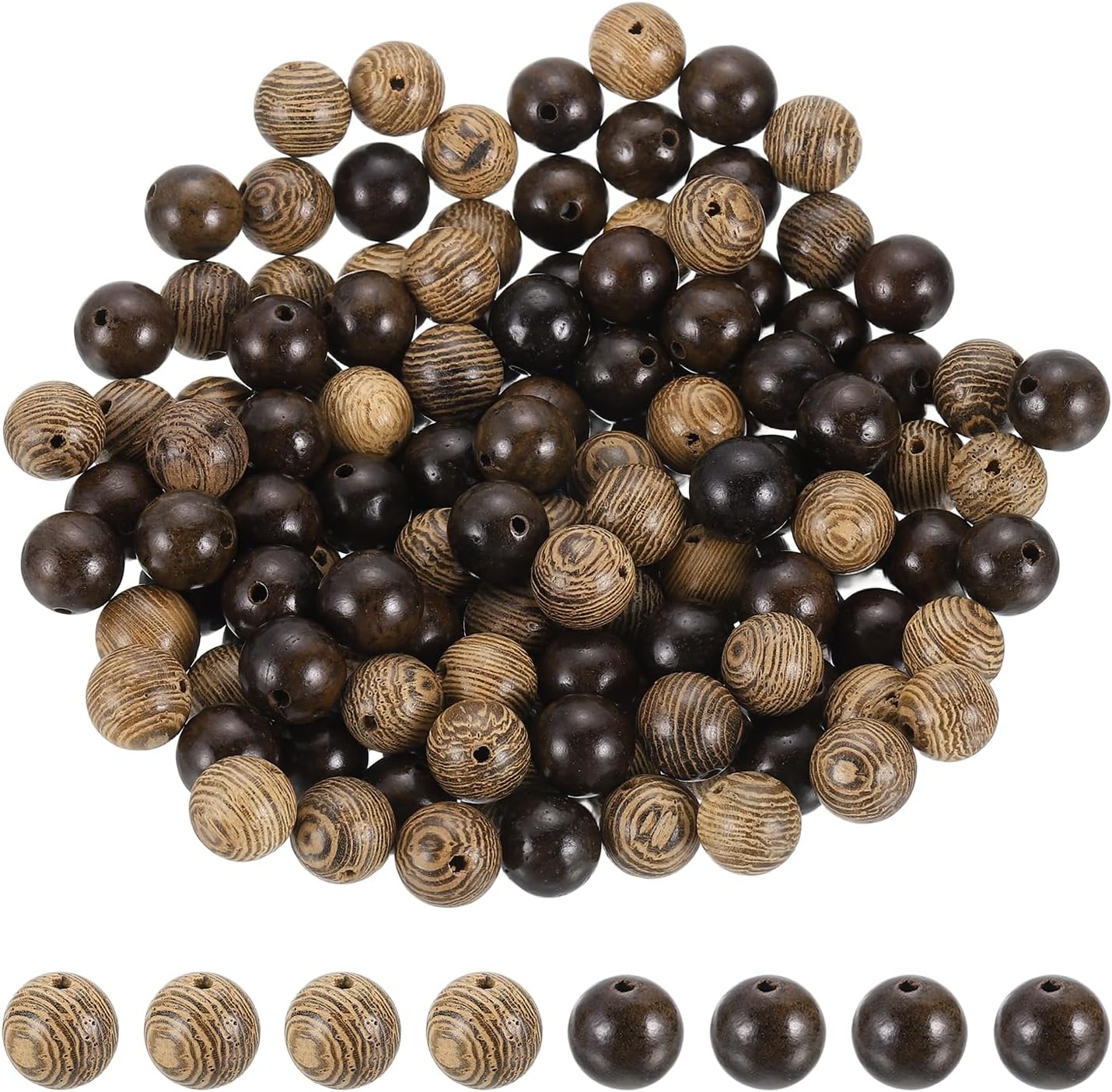 HARFINGTON 200pcs Round Wooden Beads, 10mm Dia Small Wood Beads for DIY Crafts, Bracelet, Wristlet, Necklace, Jewelry Making, Khaki Brown&Black