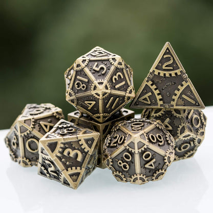 UDIXI Steampunk Metal Dice Set, 7 Die Polyhedral DND Dice Set for D&D Role Playing Game and Math Teaching (Ancient Copper)