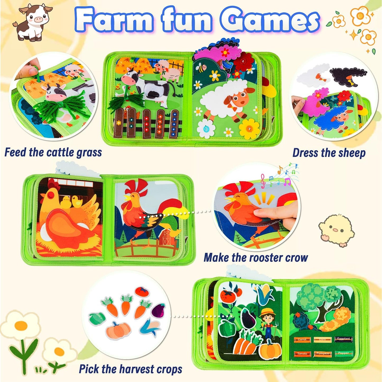 Busy Book for Toddlers 1-3 Montessori Busy Board for 1 Year Old Boy Girl Gift Farm Animal Sensory Toys Educational Learning Quiet Airplane Travel Activity Books First Birthday Gifts