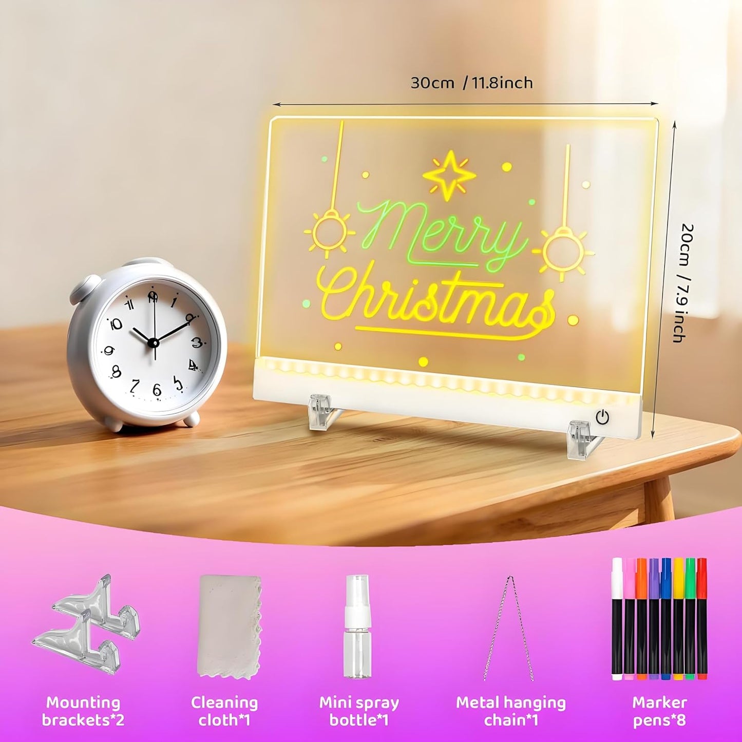 Rechargeable LED Drawing Board for Kids, 13.8 x 10 Dry Erase Board, 4 Modes &7 Colors Glowing Doodle Note Board, Include Hanging Chain, 2 Stands, 8 Markers, Spray Bottle, Cleaning Cloth, Girls Gifts