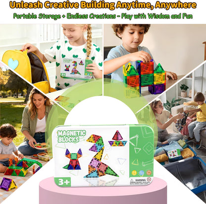 Mini Magnetic Tiles,42PCS Magnetic Building Blocks with Metal Storage Box,STEM Toys for Kids Ages 3+,Sensory Toys for Kids with Autism
